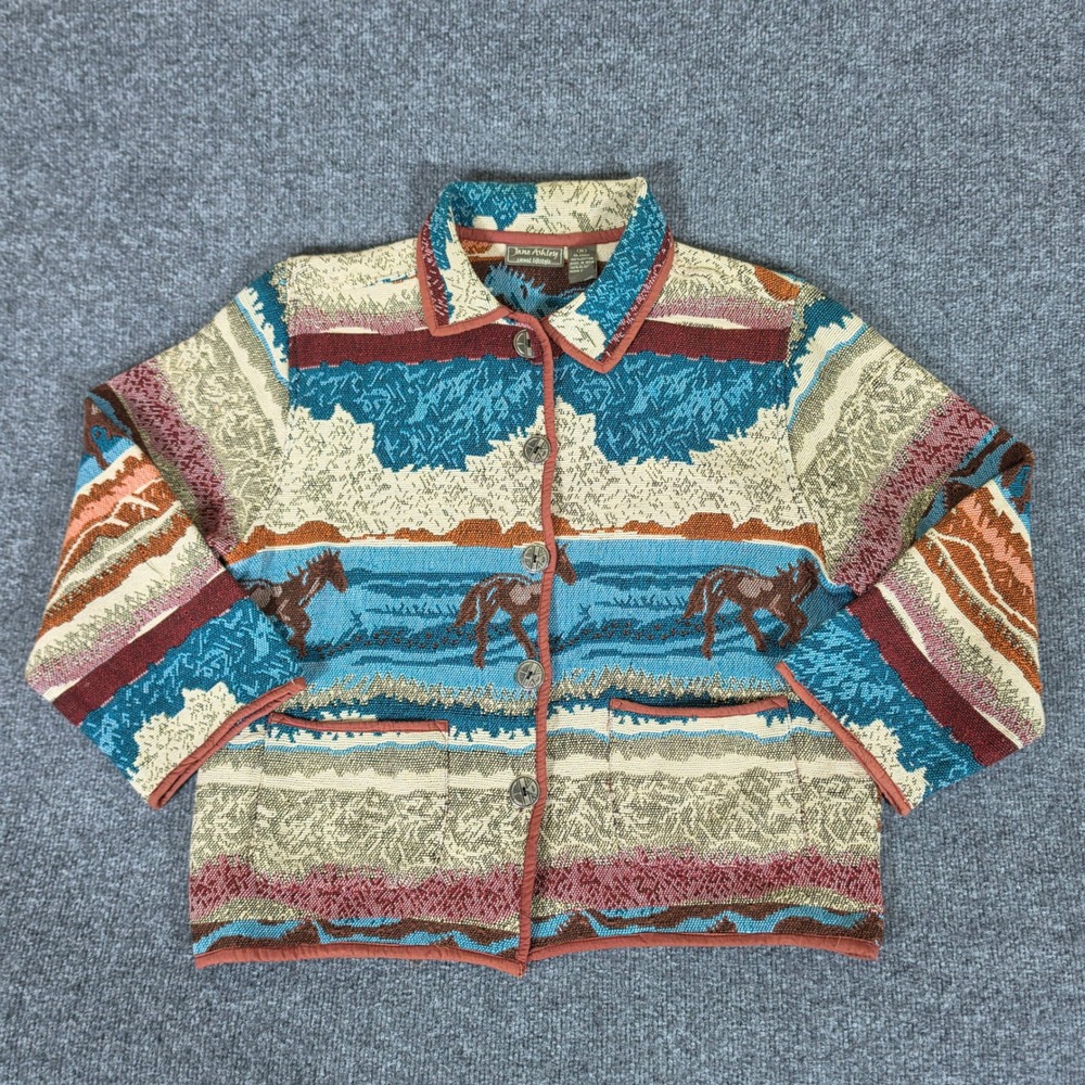 Jane Ashley Women M Blue Cotton Tapestry Horse Southwestern Button Up Jacket